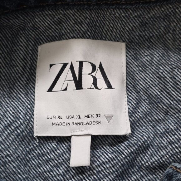 Zara Denim Jumpsuit Women XL Blue LS Button Front Zip Fly Distressed Grunge Boho - Picture 3 of 15